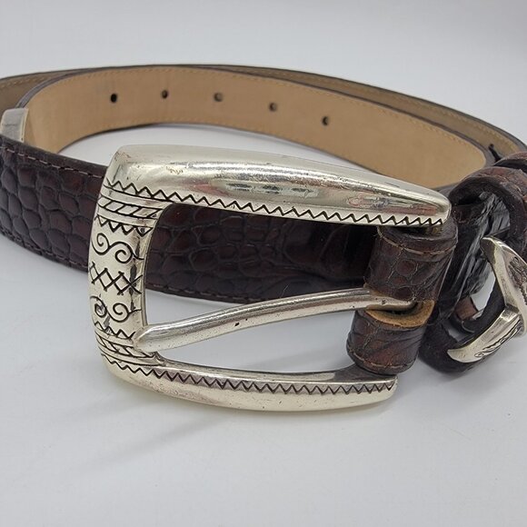 Womens BRIGHTON Belt BROWN LEATHER CROC‎ LOOK WITH SILVER Buckle Size 30 - Picture 2 of 9